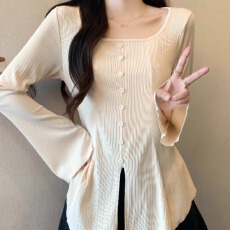 批发原版做工纯欲风长袖修身方领T恤小衫韩温柔纯色打底衫上衣潮
