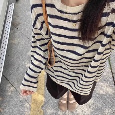 批发韩系设计感条纹薄款长袖T恤女2025夏季新款慵懒风防晒<b class='q'>罩衫</b>上衣