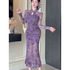 批发紫色<b class='q'>网纱</b>植绒改良旗袍女秋季新款镂空立领长袖收腰开叉修身连衣<b class='q'>裙</b>