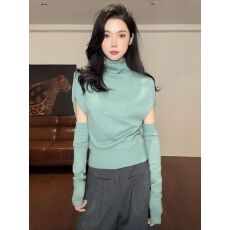 批发<b class='q'>韩版</b>纯色半高领蝙蝠袖拼接袖套针织衫女2025冬季新款气质修身上衣