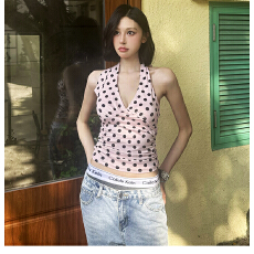 批发官图 甜酷辣妹风别致波点印花V领显瘦挂脖吊带修身打底无袖背心