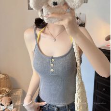 批发-辣妹撞色挂脖背心女夏季设计感修身美背短款外穿吊带上衣