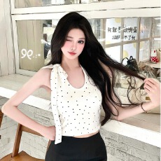 批发<b class='q'>莫代尔</b>人棉260克 ➕刺绣 纯欲波点挂脖吊带<b class='q'>背心女</b>露背上衣
