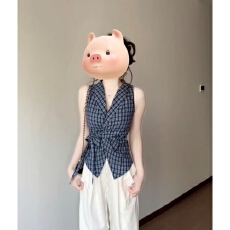 批发法式V领蝴蝶结绑带蓝色<b class='q'>格子</b>衬衫背心女夏季辣妹外穿修身无袖上衣