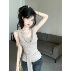 批发莫代尔人棉260克假两件荡领无袖T恤收腰背心上衣2026夏季新款