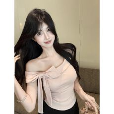 批发纯欲修身<b class='q'>一字肩</b>扭结绑带收腰短袖T恤女夏不规则别致露肩气质<b class='q'>上衣</b>