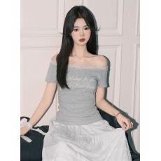 批发原版质量超好看蕾丝<b class='q'>一字肩</b>T恤女2026灰色夏修身短袖露肩<b class='q'>上衣</b>