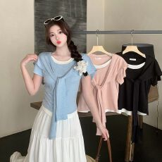 批发随心裁撞色圆领飘带假两件短袖<b class='q'>上衣</b>夏韩版气质正肩<b class='q'>打底</b>衫