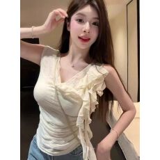 特价 原版面料做工 荷叶边斜肩短袖T恤女修身纯欲辣妹显瘦上衣