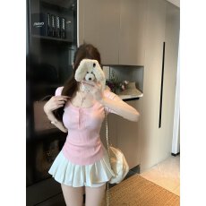 批发韩系简约风纽扣U领针织衫女夏新款修身百搭套头打底短袖百搭上衣