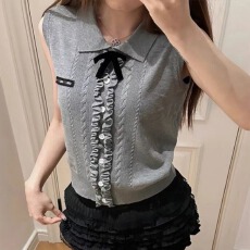 批发2026夏季新款法式学院风木耳边蝴蝶结针织背心女简约翻领背心上衣