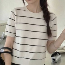批发2026年夏季韩版新款时尚圆领撞色条纹软糯镂空包芯纱针织短袖上衣