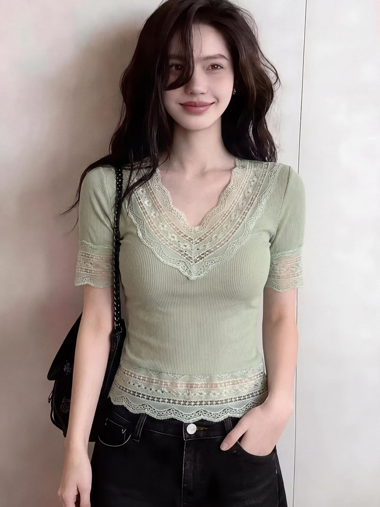 RY3152# 人棉绿色蕾丝花边上衣夏2026新款气质女绝美修身显瘦短袖t...