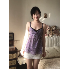 批发纯欲风V领紫色<b class='q'>碎花</b>吊带背心女春夏新款性感辣妹内搭外穿抹胸上衣