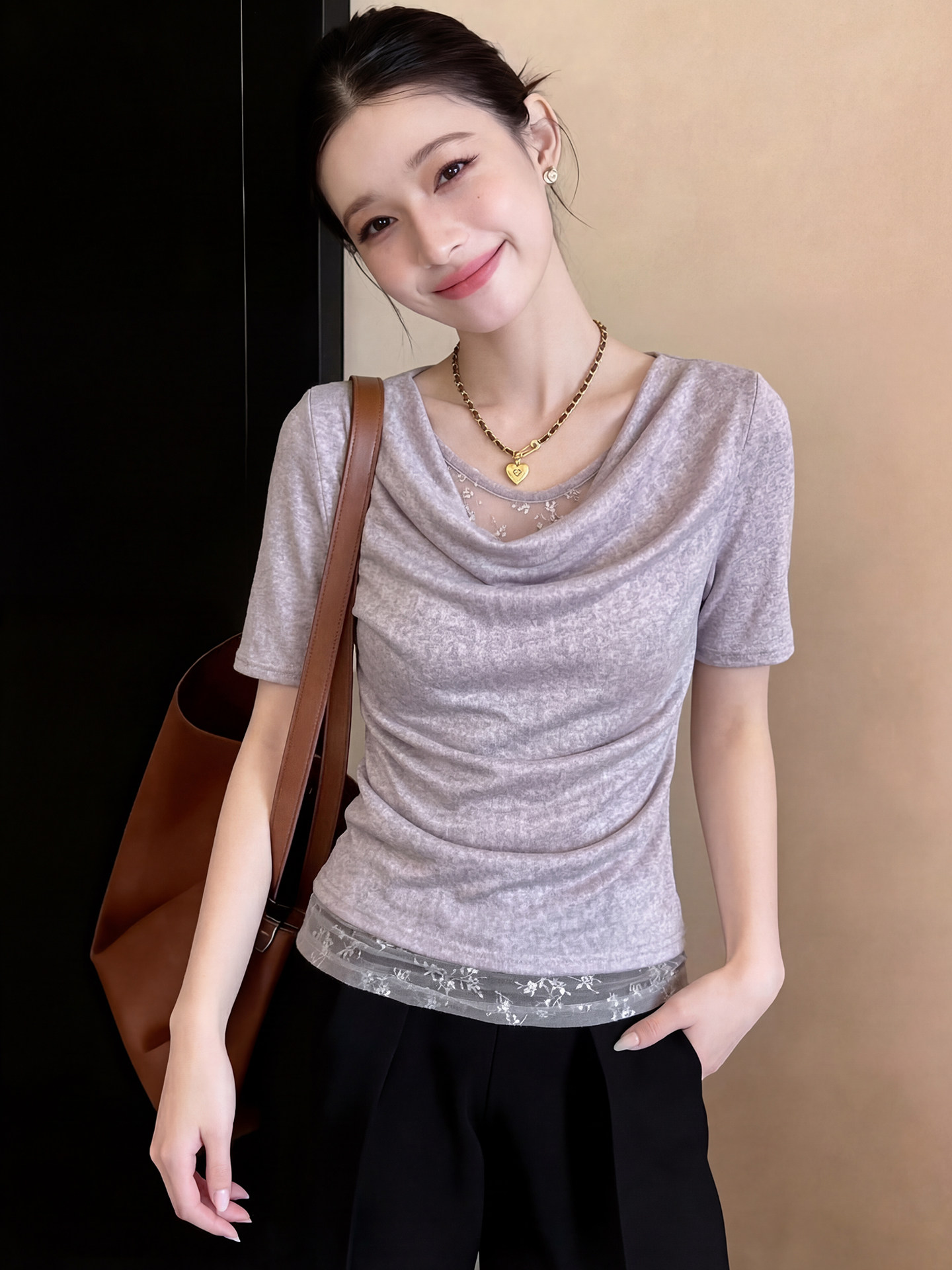 RY3037# 夏季独特漂亮荡领2026新款气质女士设计感假两件巨好看的短袖t恤