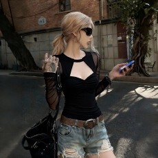 批发官图 纯欲设计感黑色网纱镂空长袖T恤2026<b class='q'>秋冬</b>新款