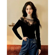 批发270克螺纹德绒设计蕾丝网纱拼接黑色<b class='q'>长袖</b>上衣修身内搭打底衫