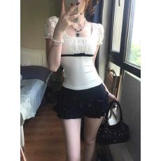 批发260克人棉<b class='q'>莫代尔</b>蕾丝方领泡泡袖<b class='q'>T</b><b class='q'>恤</b>女内搭打底修身短袖上衣