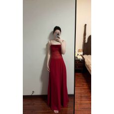 批发港风复古绝美红色设计感抹胸镂空<b class='q'>吊带</b>飘逸度假<b class='q'>长裙</b>圣诞年会礼服裙
