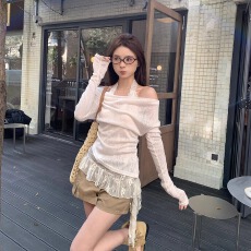 批发原版面料 辣妹套装女<b class='q'>长袖</b>针织罩衫杏色上衣+蕾丝内搭背心两件套