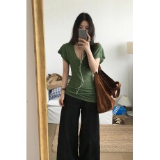 批发官图 天丝<b class='q'>羊绒</b>V领正肩t恤女短袖夏季微透修身苔绿色薄款上衣