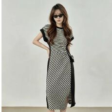 批发韩版休闲条纹连衣裙女夏季显瘦气质洋气减龄轻熟风裙子质感高级感
