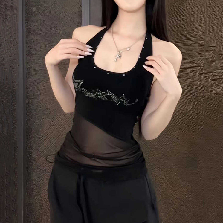 BY31831# 仿棉辣妹y2k亚比挂脖背心女修身小众吊带网纱上衣 服裝批發女裝批發服飾貨源