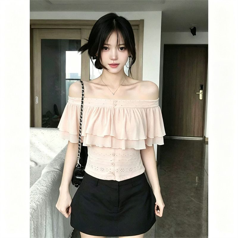 RY7803# 原版广州面料原版做法 荷叶边一字肩短款T恤女夏镂空设计感上...