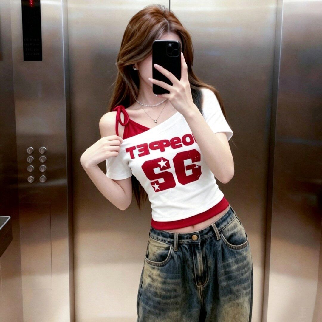 RY7802# 酷丝绵印花 辣妹修身斜肩假两件撞色t恤女美式露肩短袖上衣