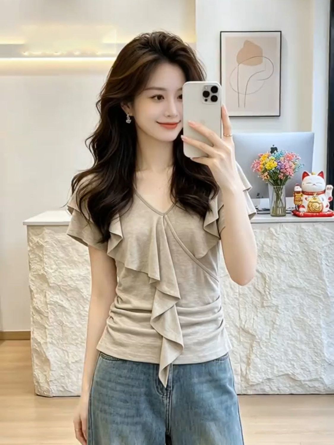 RY7796# 雪花麻原版做法 法式荷叶边V领短袖t恤女夏新款设计感不规则...