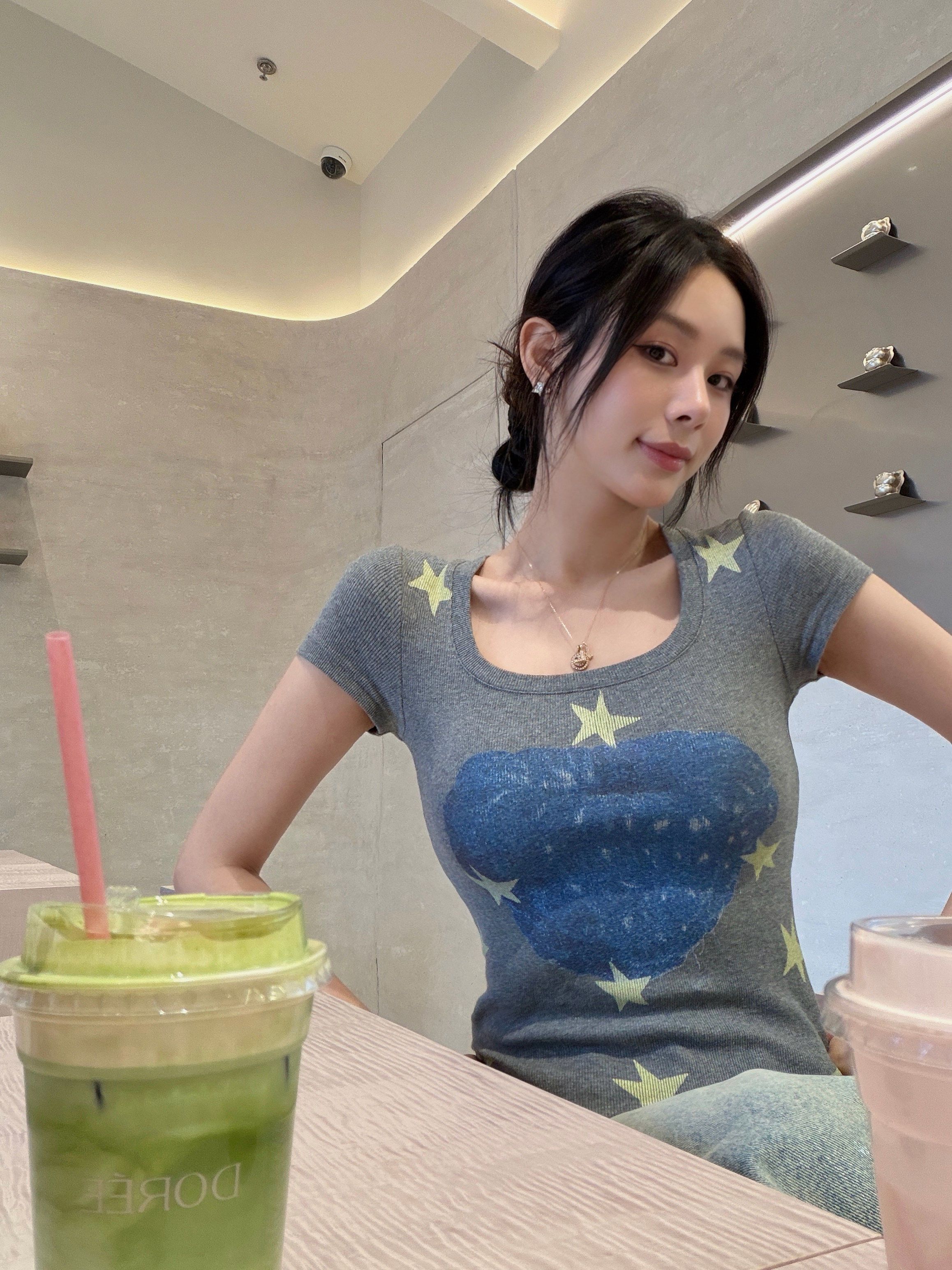 RY7794# 人棉甜美星星印花短袖t恤女2026新款夏季气质U领收腰小上...