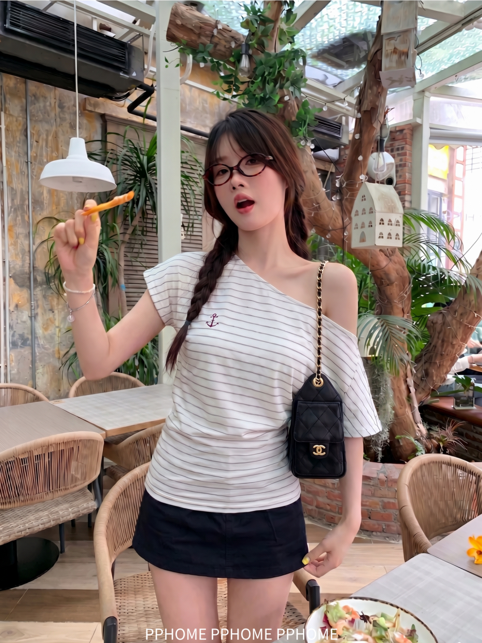 RY7793# 美式复古撞色条纹印花斜肩露肩短袖T恤2026夏季新款修身百...