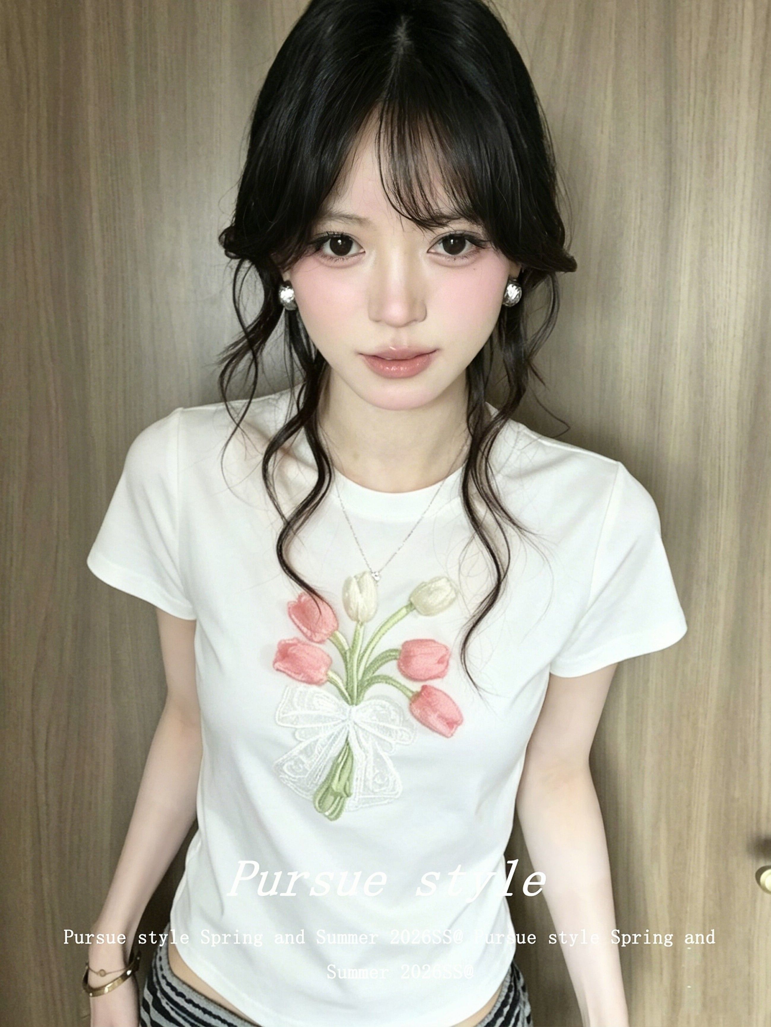 RY7792# 210克精棉清纯甜美风白色花朵短袖t恤女2026夏季装绝美...