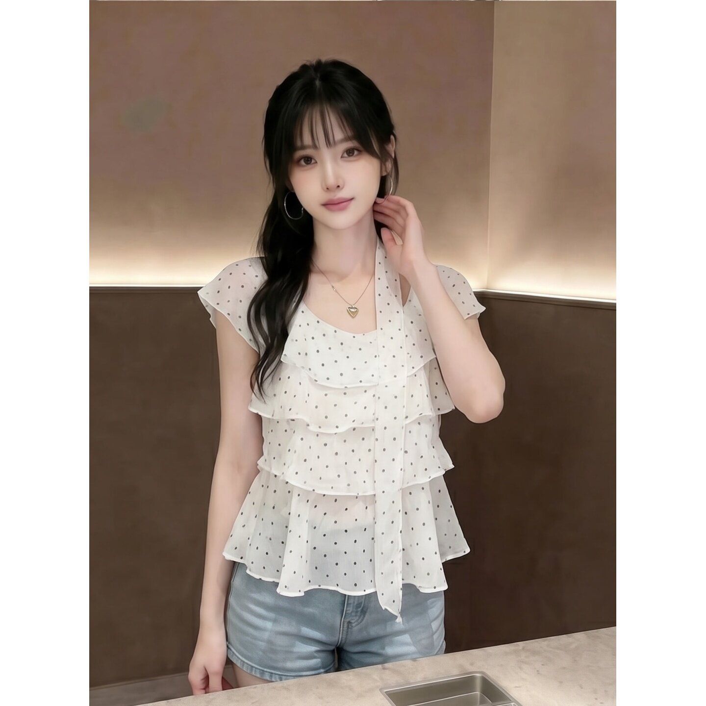 RY7789# 法式甜美荷叶边波点小飞袖衬衫女夏季新款别致绝美巨好看百搭上...