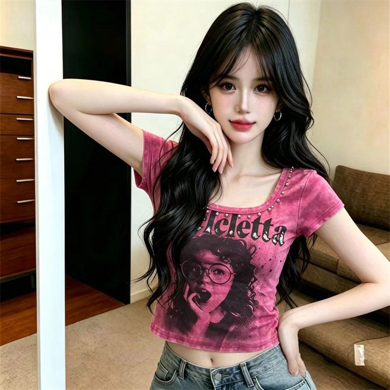 RY7787# 辣妹性感方领铆钉扎染上衣女休闲印花短袖T恤夏季时尚个性打底...