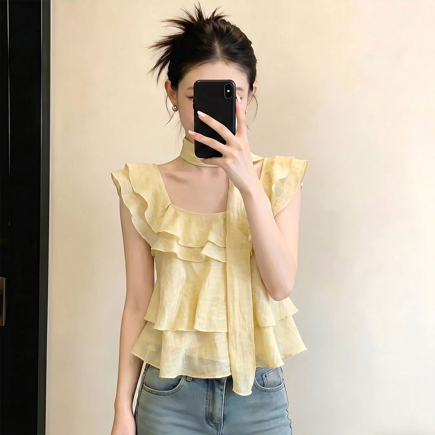 RY7786# 法式黄色方领荷叶边小飞袖背心女夏甜美减龄设计感显瘦娃娃衫上...