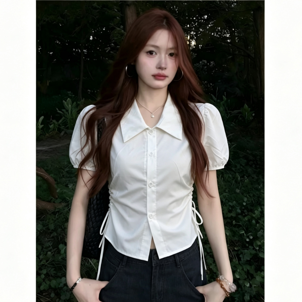 RY7785# 法式抽绳镂空泡泡袖白色衬衫女夏季小众翻领收腰辣妹风短袖上衣