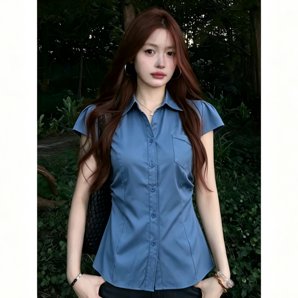 RY7781# 御姐风正肩翻领短袖衬衫女夏季韩系褶皱掐腰设计感修身显瘦上衣