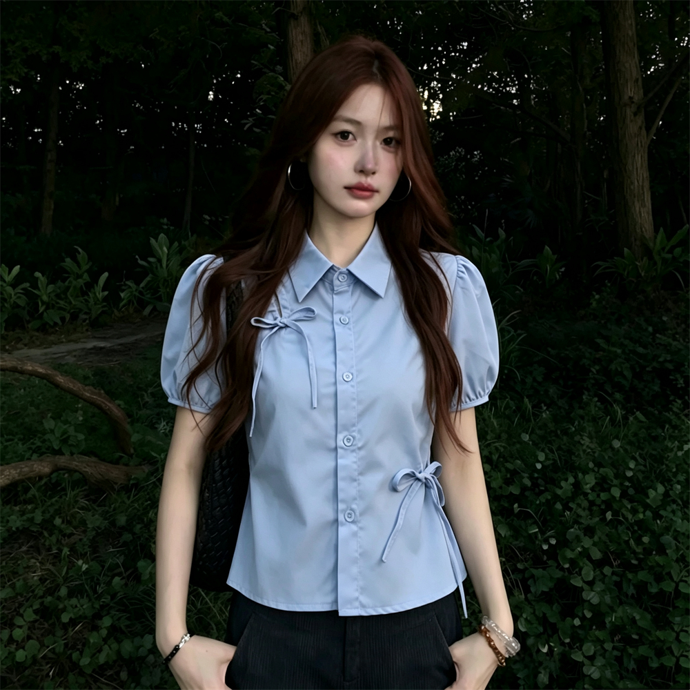RY7777# 甜妹蝴蝶结蓝色短袖衬衫女夏季泡泡袖系带收腰小个子短款显瘦上衣
