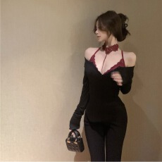批发柚色 带胸垫 黑色性感<b class='q'>一字肩</b>长袖T恤收腰不规则内搭纯欲打底<b class='q'>上衣</b>