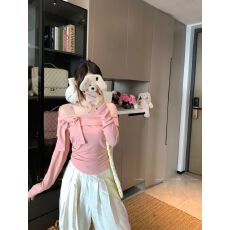 批发40支酷丝绵 秋季新款纯欲设计感露肩甜美修身收腰显瘦蝴蝶结<b class='q'>上衣</b>