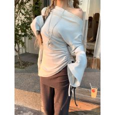批发260克人棉蓝色不规则斜肩长袖打底衫女2026早秋宽松露肩毛衣上衣