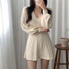 批发韩国chic秋冬复古麻花纹V领收腰小个子<b class='q'>灯笼</b>袖A字针织毛衣<b class='q'>连衣裙</b>女