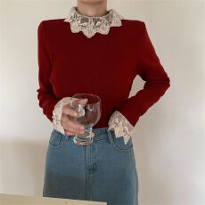 40支酷丝绵1×1韩系蕾丝拼接高领新款显瘦修身温柔打底上衣女
