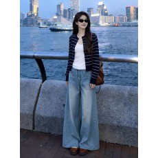 批发包芯纱 复古港风条纹长袖针织<b class='q'>开衫</b>女超火的休闲显瘦短款穿搭外套