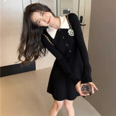 批发黑色长袖针织连衣裙女2026秋季<b class='q'>新款</b>内搭学院风娃娃领打底毛衣裙