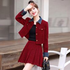 批发秋冬法式名媛红色小香风<b class='q'>连衣裙</b>女本命年衣服新年战袍百褶裙两件套