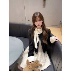 批发法式气质名媛套装蝴蝶结背心连衣<b class='q'>裙</b>女春秋小香风短款外套两件套<b class='q'>裙</b>