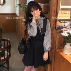 批发春秋穿搭一整套女宽松复古蝴蝶结牛仔背带连衣<b class='q'>裙</b>波点系带花边衬衫