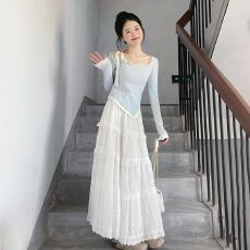 批发法式纯欲温柔不规则假两件<b class='q'>T</b><b class='q'>恤</b>上衣女气质白色半身<b class='q'>裙</b>蛋糕<b class='q'>裙</b>秋冬季